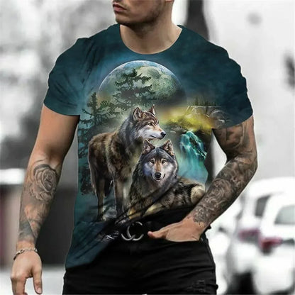 New Fashion Men's Wolf Roar Graphic T Shirt Summer Casual Round Neck T-shirt Trend Street Man Clothes Daily Loose Tops