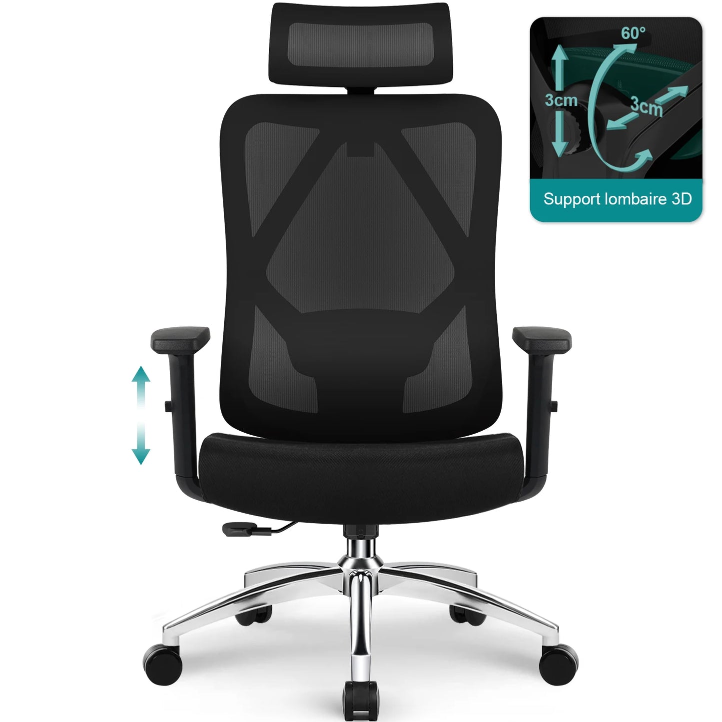 Daccormax Ergonomic Office Chair with 3D Lumbar Support, Mesh Desk Chair, Adjustable Headrest, Reclining Swivel Computer Chair for Home Office