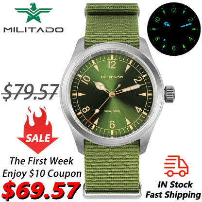 Militado ML08 Vintage Watch VH31 Quartz Movement Domed Sapphire Crystal Wristwatch BGW9 Luminous Vintage 38mm Quartz Watches