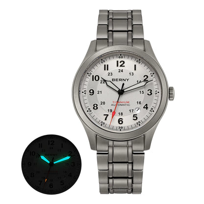 BERNY Automatic Full Titanium Watches for Men Sapphire Super Luminous Mechanical Field Watch Date 10ATM Sports Easy Read