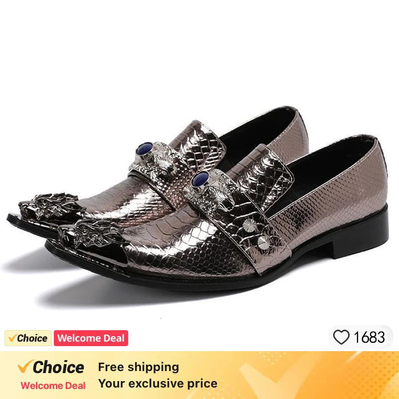 Men's Luxury White Gold Metal Toe Oxford Elegant Loafers Slip-On Dress Shoes Formal Wedding Party PU Leather Shoes Size 38-46