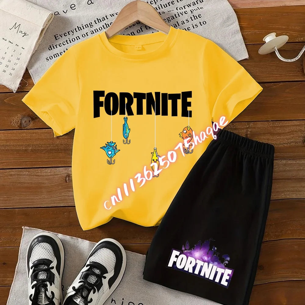 Summer Fortnite T-shirt Shorts for Boys and Girls Tee Pants Set 2pcs Children Clothing Tops T-shirts Fortress Night Print Tees Gift