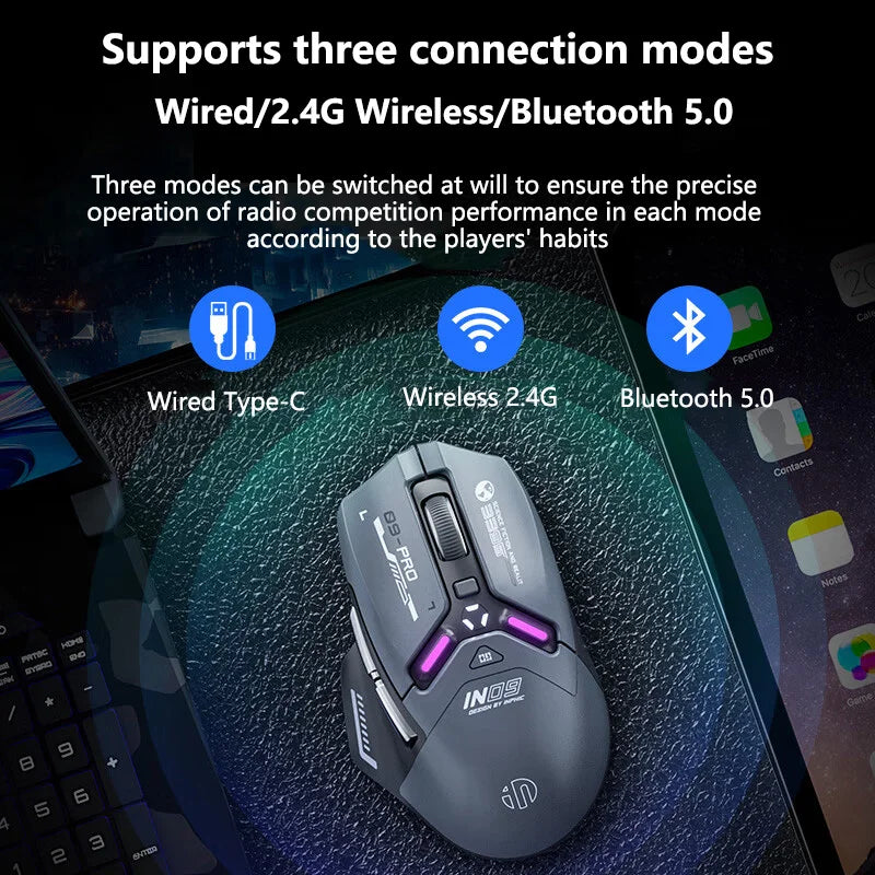 Inphic IN9PRO Wireless Gaming Mouse 26000DPI 8K Polling Rate Bluetooth 5.0 Wired 2.4G Tri-Mode RGB Ergonomic Gaming Mouse