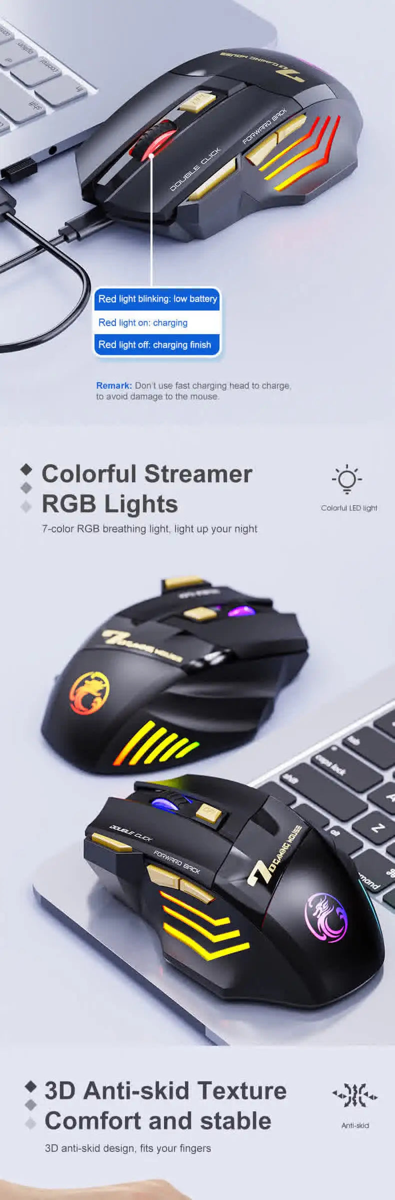 Langaton Bluetooth-hiiri, ladattava tietokonehiiri, ergonominen pelihiiri pelaajille, RGB-taustavalaistu hiljainen hiiri PC:lle