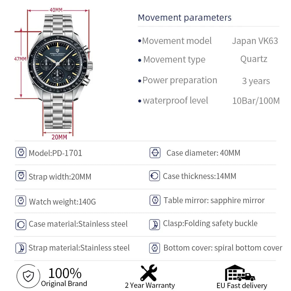 New PAGANI DESIGN Moon Men Watch Retro Luxury Quartz Watches For Men Stainless steel Sport waterproof Chronograph Man+With BOX