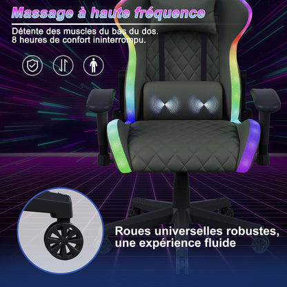Gaming Chair with Massage Function, LED RGB Lights, Adjustable Reclining Gaming Chair with Lumbar Support, Headrest Pillow, Ergonomic Computer Chair 150KG Capacity