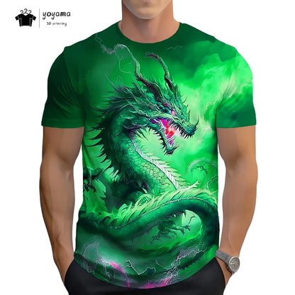 T-shirts de homem com padrão de dragão, manga curta, gola redonda, estilo streetwear, estampado animal 3D, corte largo e versátil, roupa de homem