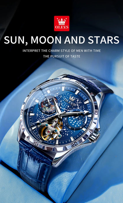 OLEVS Flywheel Skeleton Automatic Watch for Men Luminous Starry Sky Waterproof Business Wristwatch Mechanical Watch