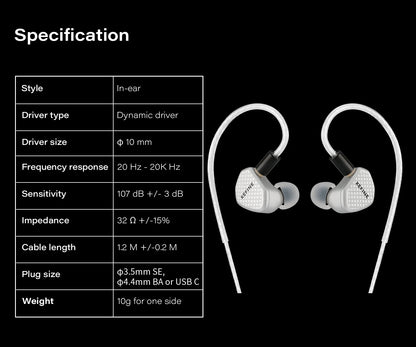 Angelears Kefine Klean SV 10mm DLC Diaphragm Dynamic Driver IEMs – Hi-Fi In-Ear Earphones with Interchangeable Nozzles &amp; Silver-Plated SPC Cable