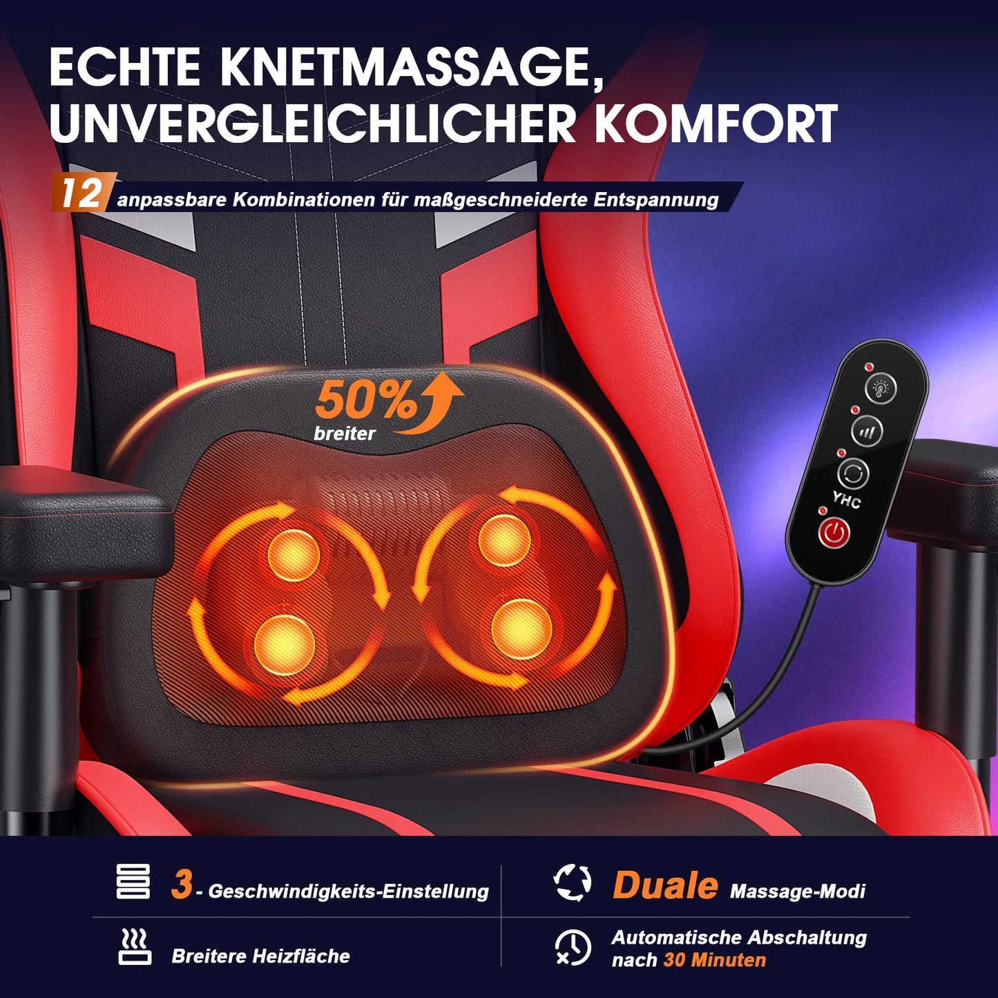 GC-RC03 Ergonomic Gaming Chair with Massage & Heating, 175° Reclining Computer Chair, Lumbar Support Office Chair with Footrest