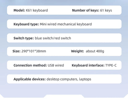 APAYADO K61 60% Mini Wired Gaming Mechanical Keyboard Phantom RGB, 61 Keys, Red/Blue Switch, Ergonomic, Portable for PC/Laptop