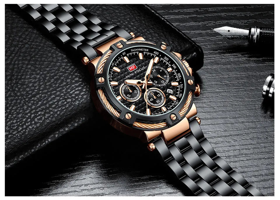 MINI FOCUS Black Stainless Steel Quartz Watch Men Fashion Luminous Dress Wristwatch with Date 24-hour Display Chronograph 0470