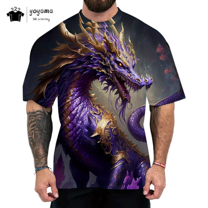 T-shirts de homem com padrão de dragão, manga curta, gola redonda, estilo streetwear, estampado animal 3D, corte largo e versátil, roupa de homem