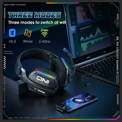 ONIKUMA GT828 Wireless Gaming Headset Bluetooth 5.3 RGB Headphones with Mic, Noise Cancelling, 4-Mode Connection for PC, PS5 & Laptop