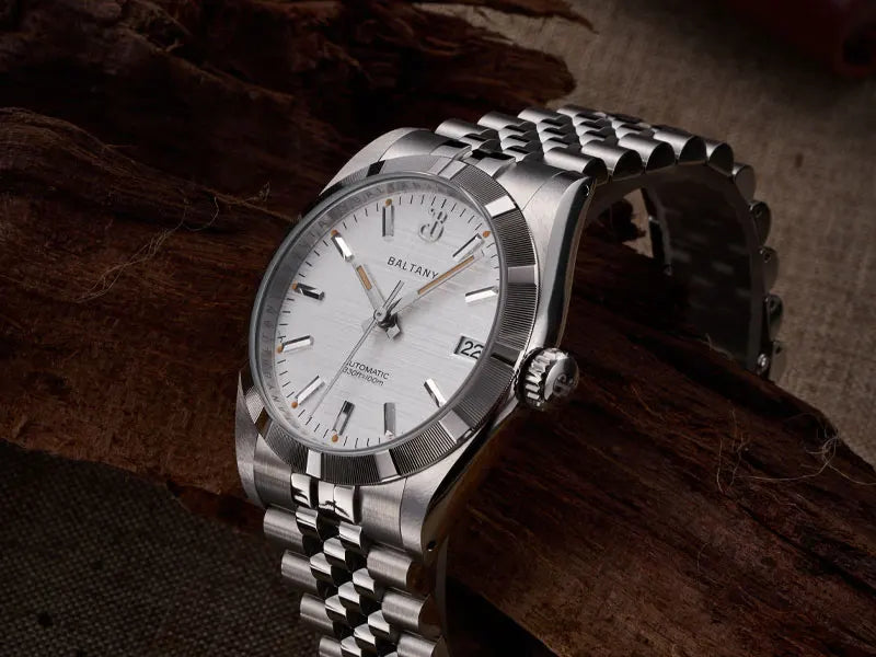 Baltany S4102 Business Men's Automatic Mechanical Wristwatch 36mm Linen Dial Engine Turned Bezel NH35 Luxury Dress Watch