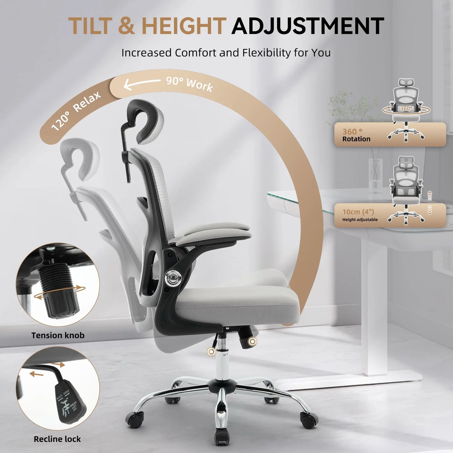 Ergonomic High Back Office Chair with Adjustable Headrest, Lumbar Support, Mesh Computer Gaming Chair, 360° Swivel Rolling Desk Chair