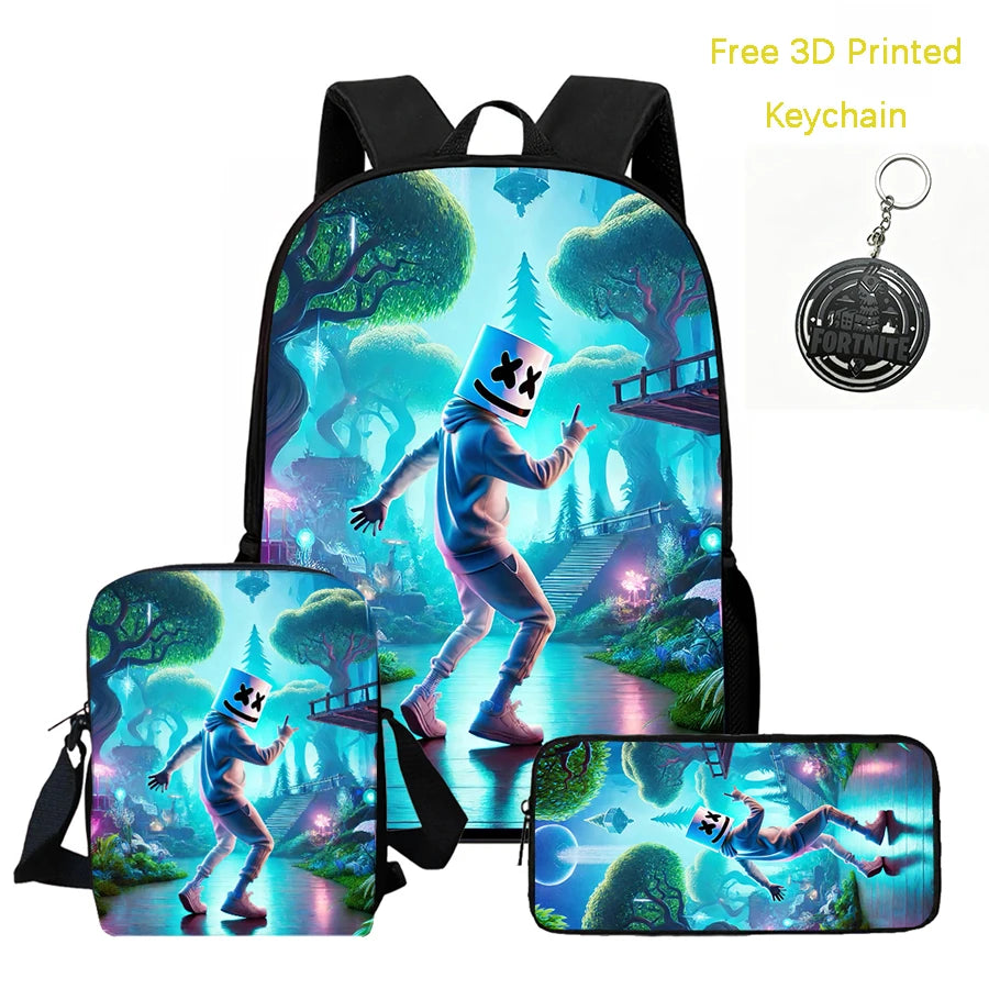 3Pcs Kids Backpack Set, Crossbody & Pencil Bag, FORTNITE Cartoon Bag, Lightweight for Boys and Girls Ages 5-10, Free 3D Printed Keychain