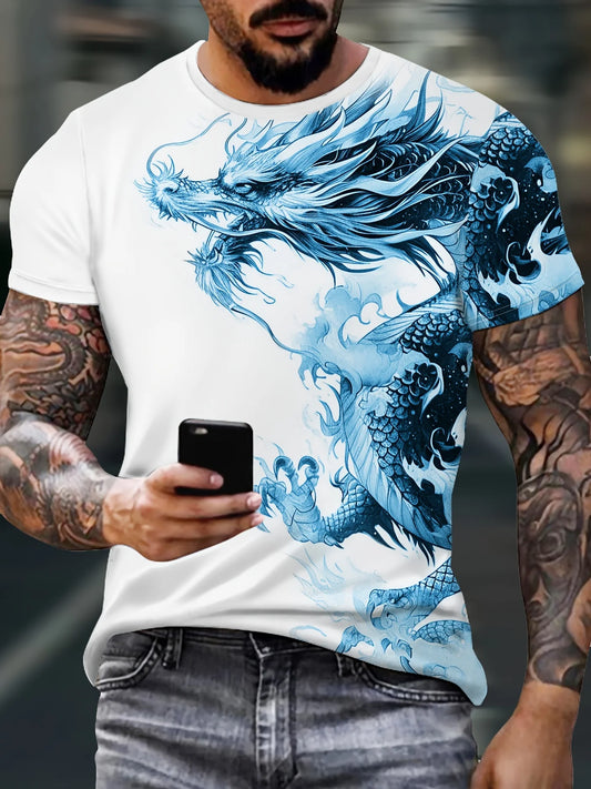 Men's Dragon Print T-shirt Casual Breathable Fabric Graphic Tee Street Style Outdoor Fashion Short Sleeve Shirt Mens T-shirts