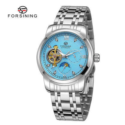 Forsining men’s automatic mechanical watch – Luxury, business and fashion style, metal bracelet, tourbillon, luminescent hands, set with synthetic diamonds
