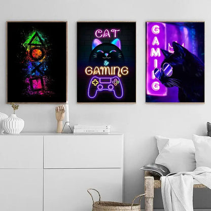 Nordic Cat and Gaming Controller Quotes Poster Modern Canvas Painting for Wall Art Mural Gamer Boys Girls Room Decor (not Neon)
