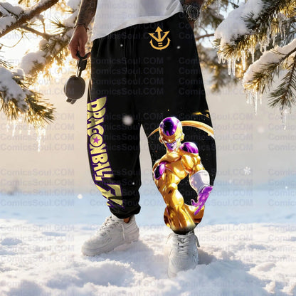 Dragon Ball Z Frieza Black Hoodie Set Golden Form Back Print Purple Energy Effect Cotton Sweatshirt with M Logo Design