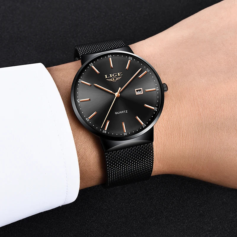 Relógio de homem LIGE, modelo elegante e luxuoso, ultrafino, estanque, com bracelete em malha, movimento de quartzo, indicação da data e calendário – ideal para um estilo profissional.
