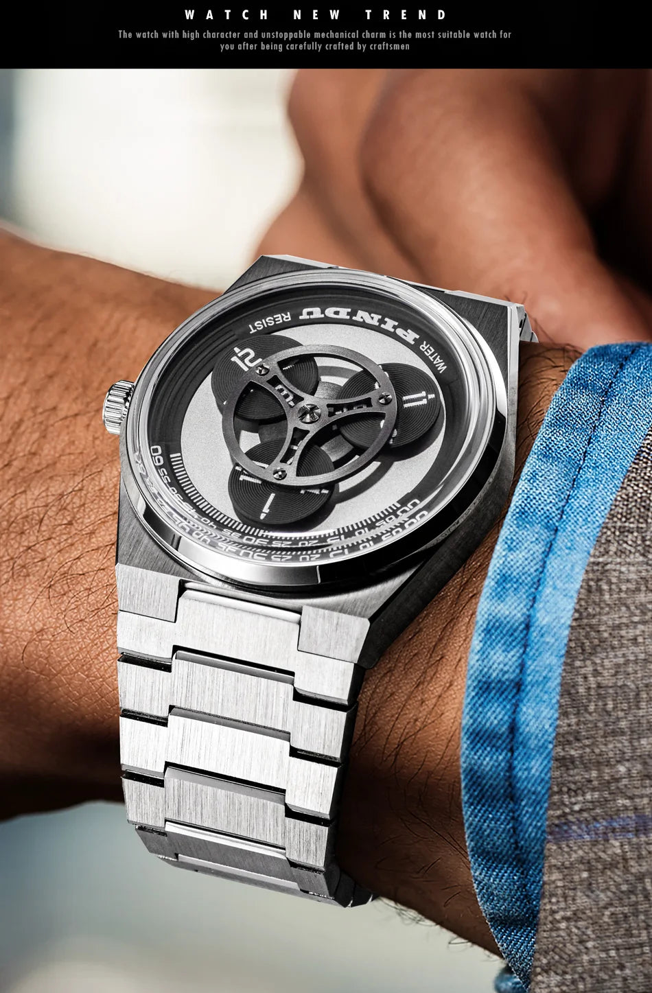 PINDU Turntable Creative Watch Miyota 8215 With Pointerless Design Trendy Steel Business Mechanical Watches Luminous Waterproof