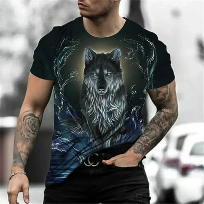 New Fashion Men's Wolf Roar Graphic T Shirt Summer Casual Round Neck T-shirt Trend Street Man Clothes Daily Loose Tops