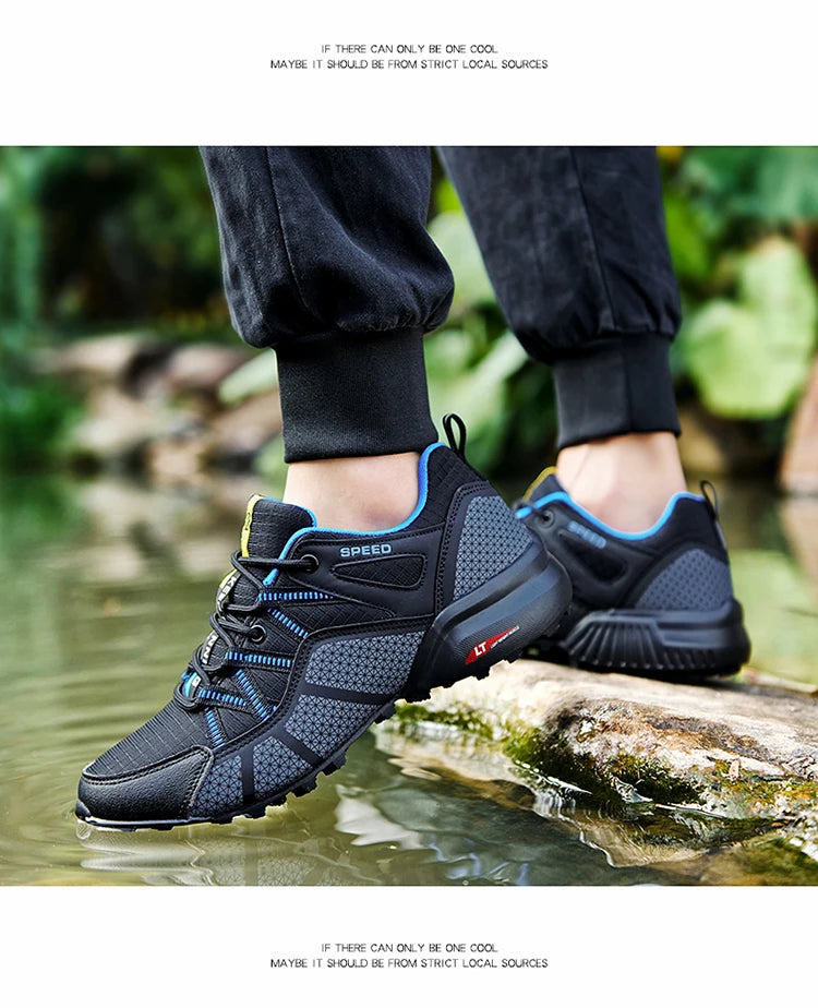 Męskie buty turystyczne – buty sportowe do terenów o zróżnicowanym ukształtowaniu terenu, z oddychającą siateczką, antypoślizgowe, odporne na zużycie – buty turystyczne i rowerowe