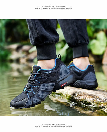 Męskie buty turystyczne – buty sportowe do terenów o zróżnicowanym ukształtowaniu terenu, z oddychającą siateczką, antypoślizgowe, odporne na zużycie – buty turystyczne i rowerowe