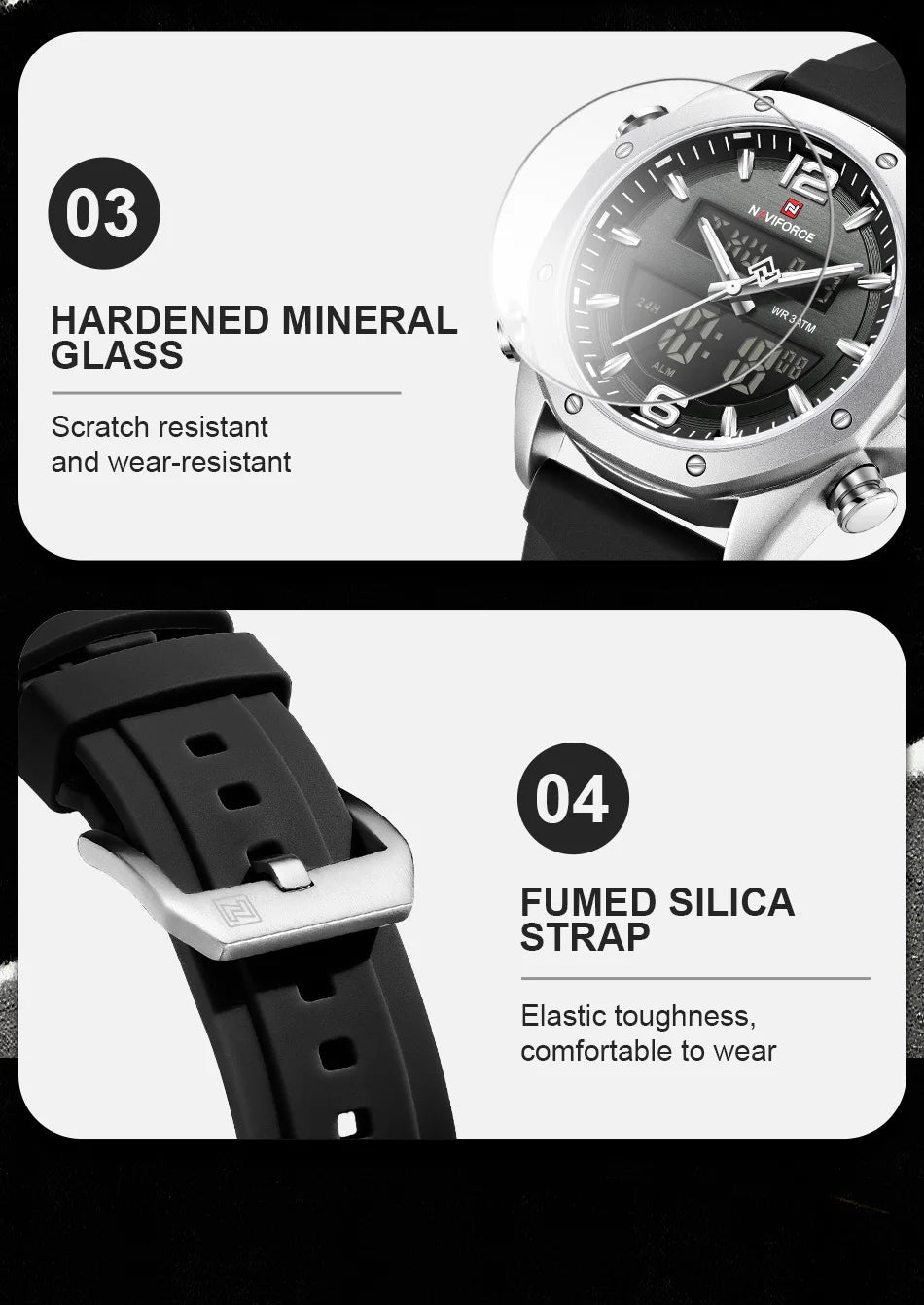 NAVIFORCE Men Quartz LCD Dual Display Watch With Silicone Strap 3ATM Waterproof Shockproof Night Light Round Case Sport Casual