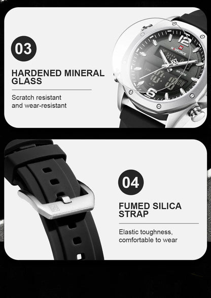 NAVIFORCE Men Quartz LCD Dual Display Watch With Silicone Strap 3ATM Waterproof Shockproof Night Light Round Case Sport Casual