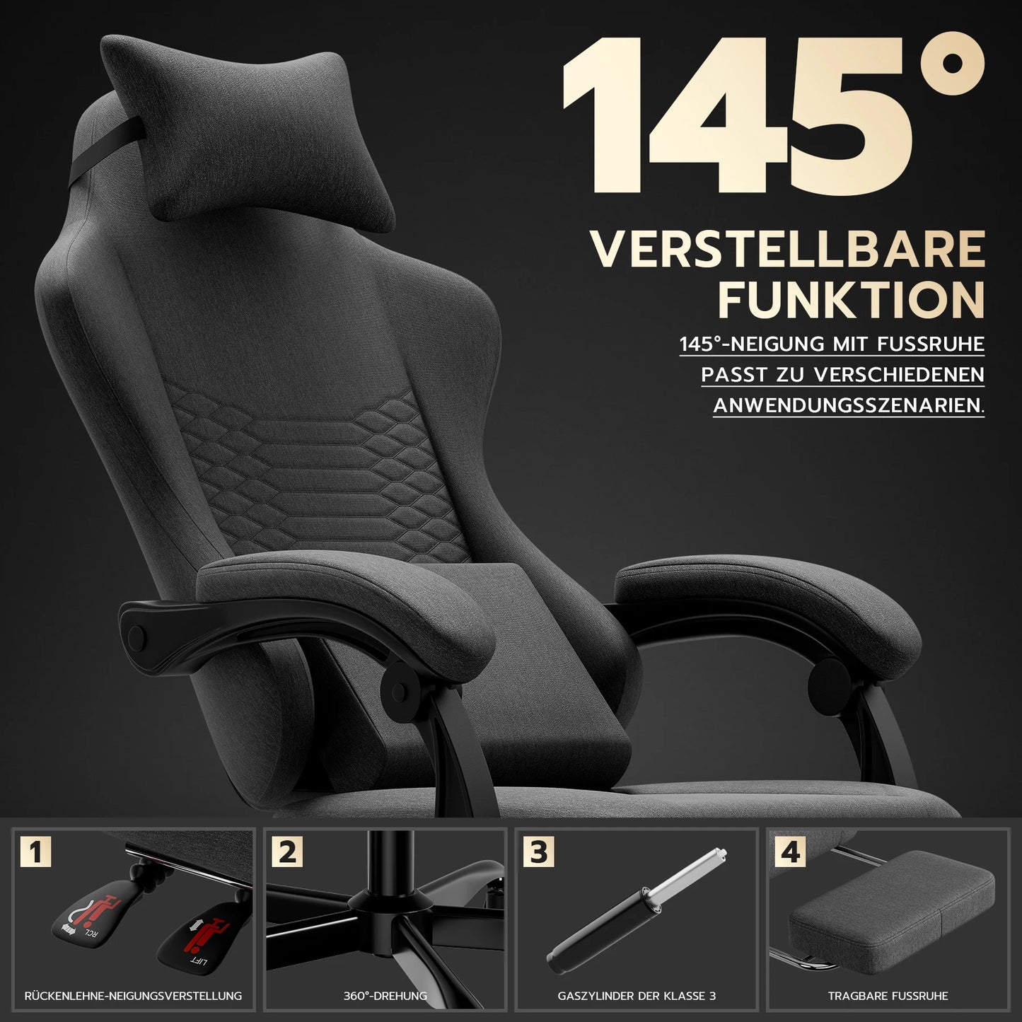 Dark Gray Fabric Gaming Chair Ergonomic Racing Office Chair with Massage, Footrest, Adjustable Headrest & Lumbar Support for PC Gaming