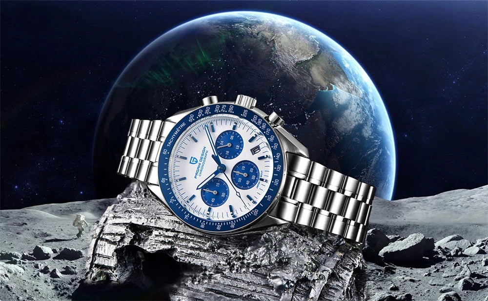 Reloj para hombre PAGANI DESIGN «New Moon» – Reloj de cuarzo de lujo, cronógrafo, cristal de zafiro con tratamiento antirreflectante, bisel de cerámica, agujas luminiscentes