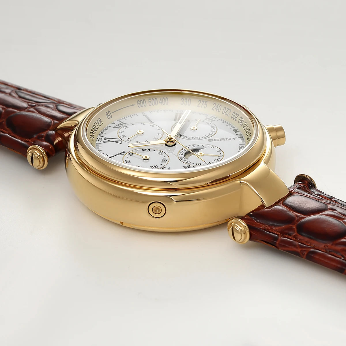Montre automatique pour homme BERNY, style rétro, avec affichage Soleil et Lune, aiguilles luminescentes et mouvement ST1652 ; une montre mécanique classique et élégante, dotée d'un bracelet en cuir véritable.