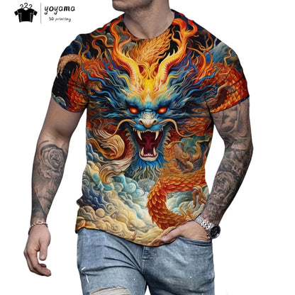 T-shirts de homem com padrão de dragão, manga curta, gola redonda, estilo streetwear, estampado animal 3D, corte largo e versátil, roupa de homem