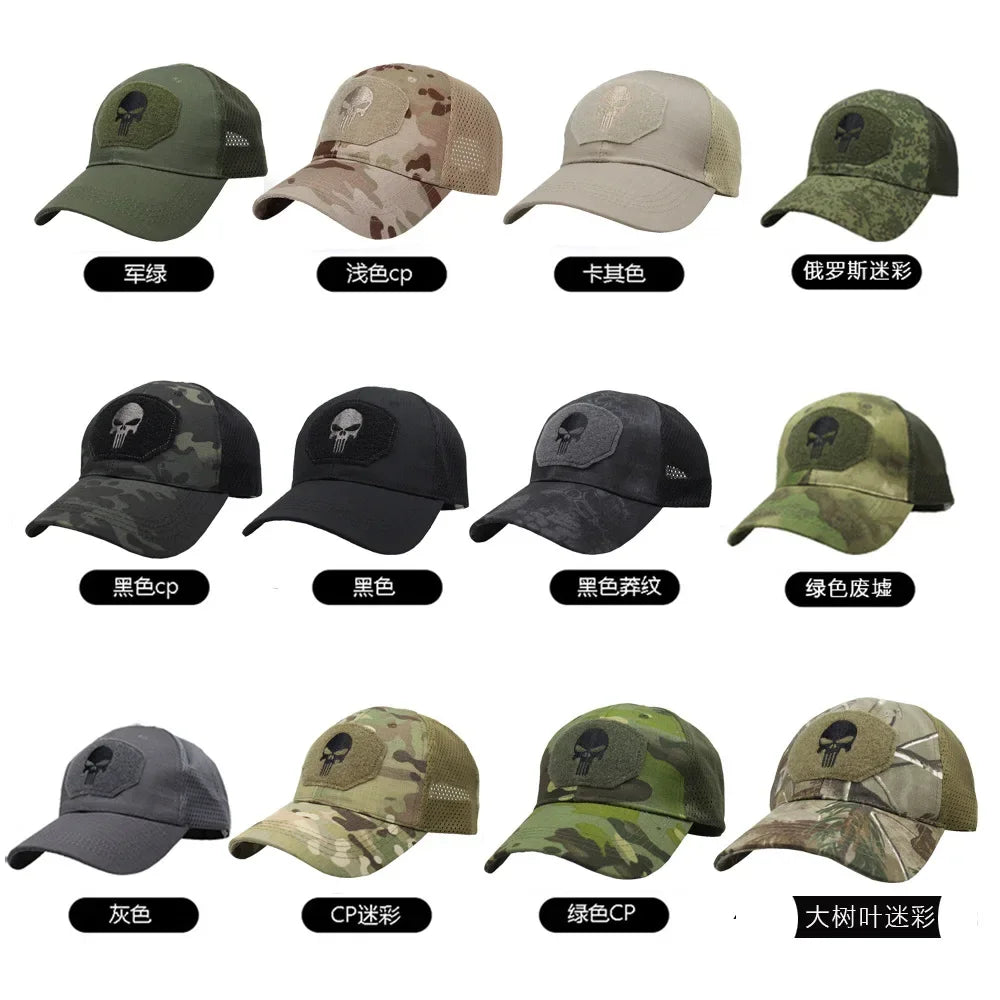 Baseballkappe im Camouflage-Look, aus atmungsaktivem Netzgewebe, taktische Camo-Kappe der Special Forces, mit Totenkopf- und Enten-Schirm