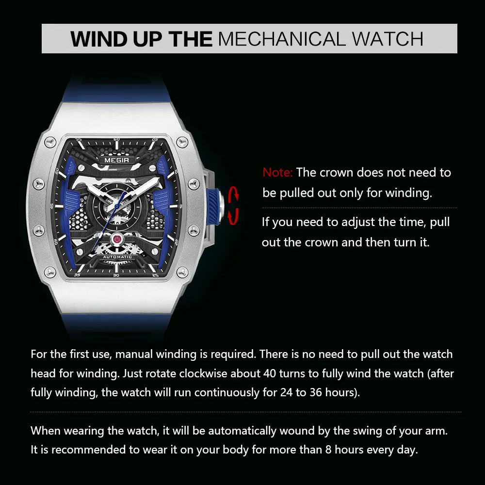 MEGIR Men's Automatic Mechanical Watch with Stainless Steel Case Silicone Strap Fashion Waterproof Luminous Wristwatch 8604