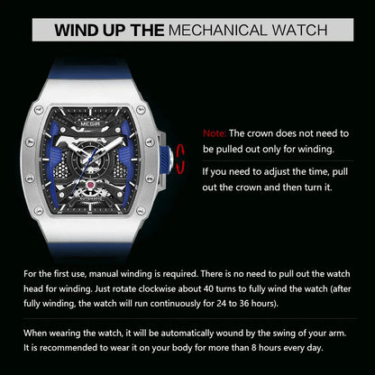 MEGIR Men's Automatic Mechanical Watch with Stainless Steel Case Silicone Strap Fashion Waterproof Luminous Wristwatch 8604