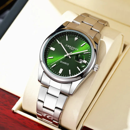 Reloj de pulsera para hombre CHRONOS: marca de lujo, resistente al agua, luminiscente, con indicador de fecha, de acero inoxidable y con mecanismo de cuarzo.