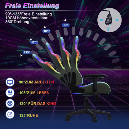 Gaming Chair with Massage Function, LED RGB Lights, Adjustable Reclining Gaming Chair with Lumbar Support, Headrest Pillow, Ergonomic Computer Chair 150KG Capacity