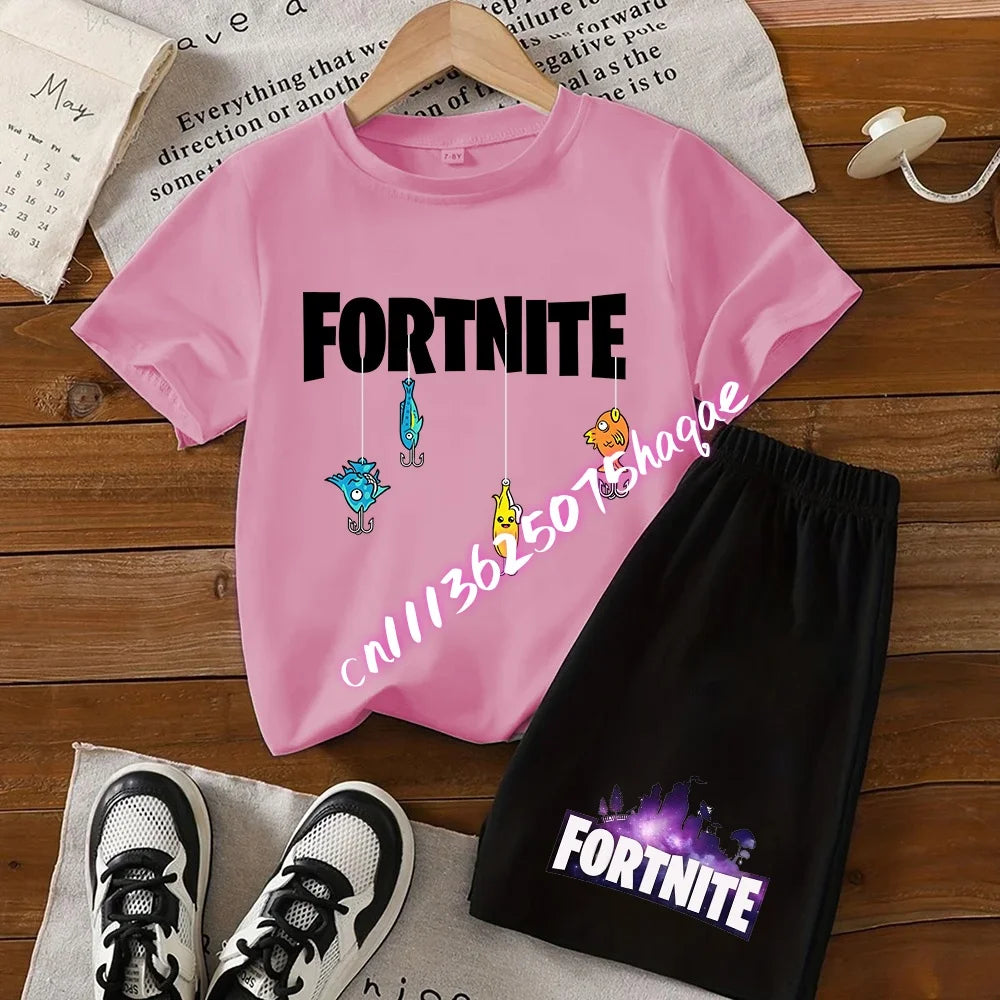 Summer Fortnite T-shirt Shorts for Boys and Girls Tee Pants Set 2pcs Children Clothing Tops T-shirts Fortress Night Print Tees Gift