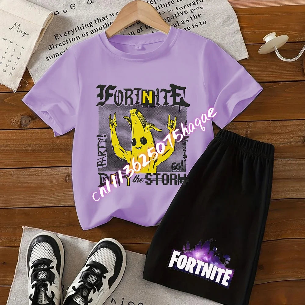 Fortnite Series T-shirt Shorts Suit for Children Hot Game Top and Pants Set Summer Cute Home Loungewear Outfit Birthday Gift