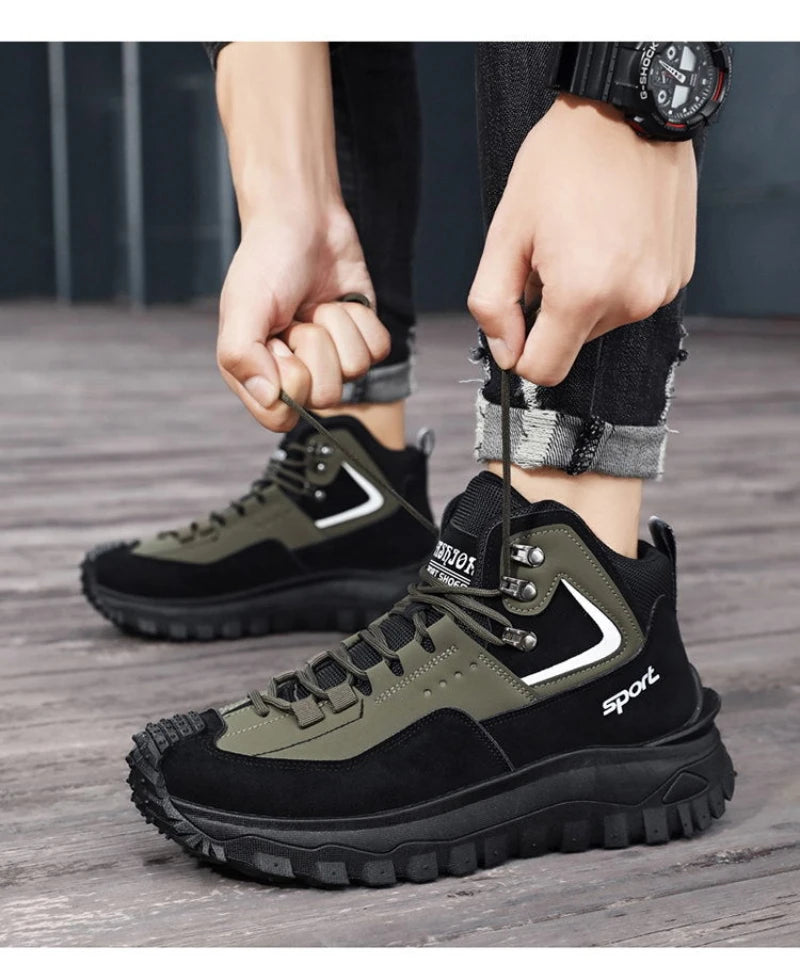 Black and Tan Mid-Top Hiking Boots Suede and Leather Platform Sneakers Non-Slip Outdoor Casual Shoes with Rugged Sole for All