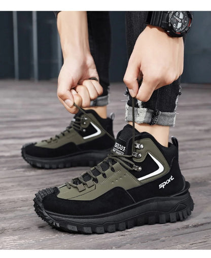 Black and Tan Mid-Top Hiking Boots Suede and Leather Platform Sneakers Non-Slip Outdoor Casual Shoes with Rugged Sole for All