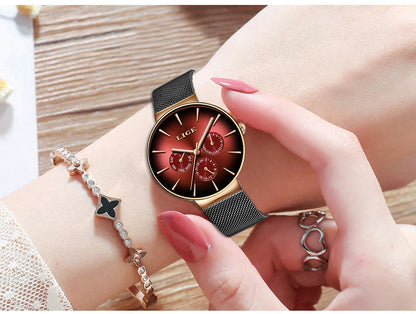 LIGE women’s watch, elegant and on-trend – sporty-casual style, mesh strap, quartz movement, date and day display, water-resistant.