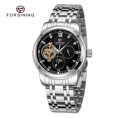 Forsining men’s automatic mechanical watch – Luxury, business and fashion style, metal bracelet, tourbillon, luminescent hands, set with synthetic diamonds