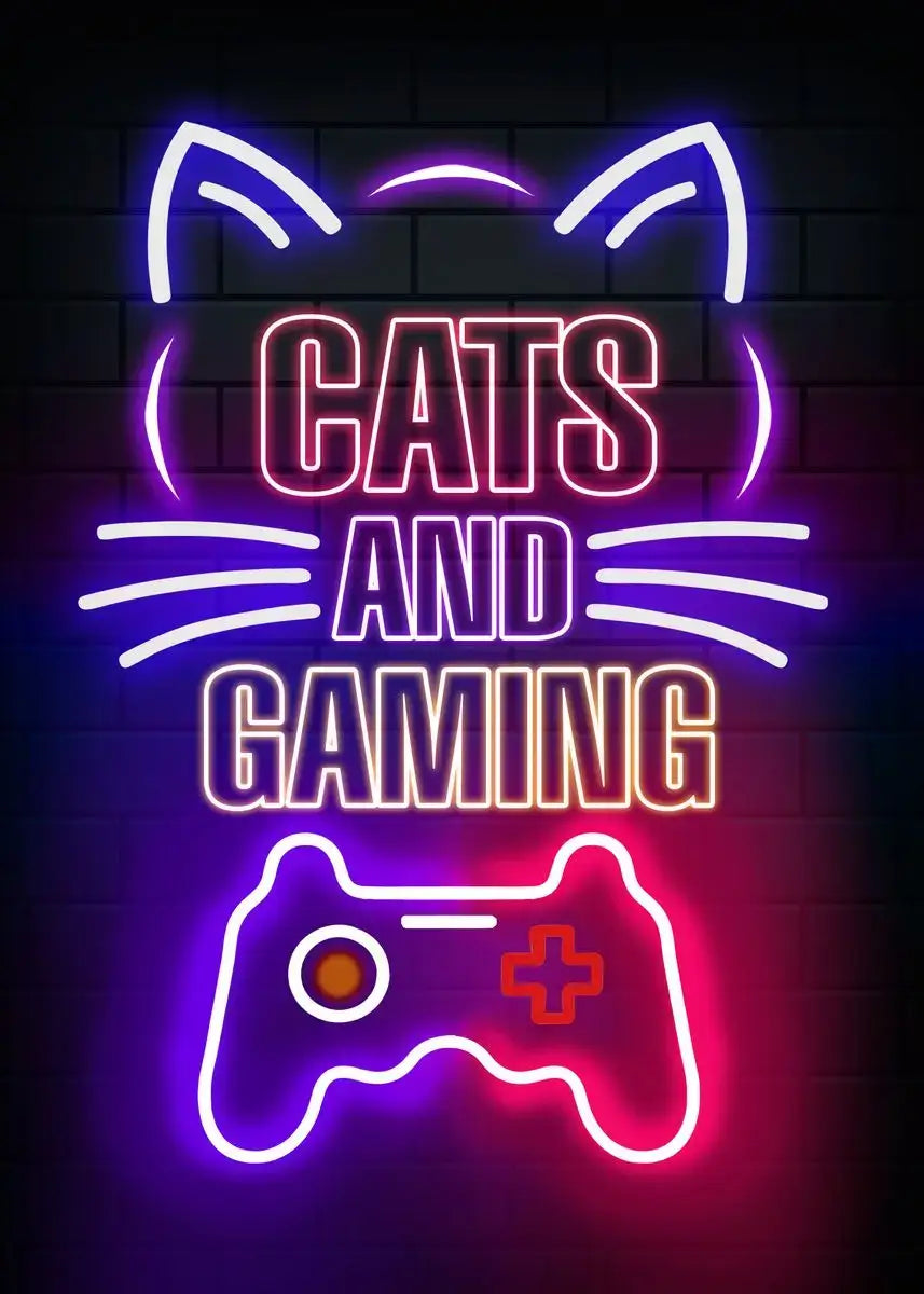 Nordic Cat and Gaming Controller Quotes Poster Modern Canvas Painting for Wall Art Mural Gamer Boys Girls Room Decor (not Neon)