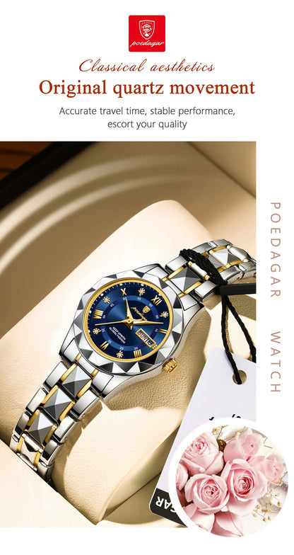 POEDAGAR Top Luxury Watches For Women Stainless Steel Week Date Woman Wristwatch Luminous Waterproof Fashion Quartz Ladies Watch