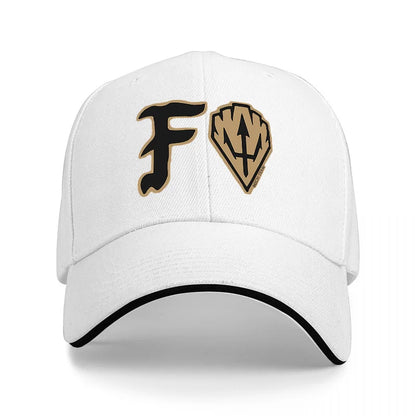 FORTNITE BASEBALL CAP WITH GOLD LOGO DESIGN BLACK AND WHITE TRIM ADJUSTABLE FIT FOR GAMING FANS AND STYLE ENTHUSIASTS